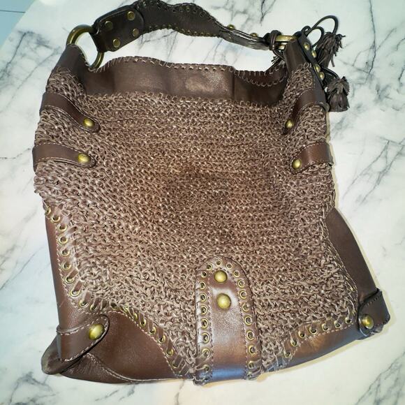 Y2K Isabella Fiore Carina Hobo Dark Brown Knitted Real Leather 16'hx14L Boho Bag - Picture 3 of 14